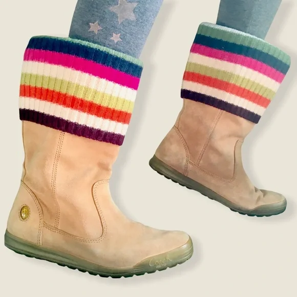 Coach Suede Leather Boots Tatum Multi Color Stripes Wool Cuff Womens 6.5 - Picture 5 of 8